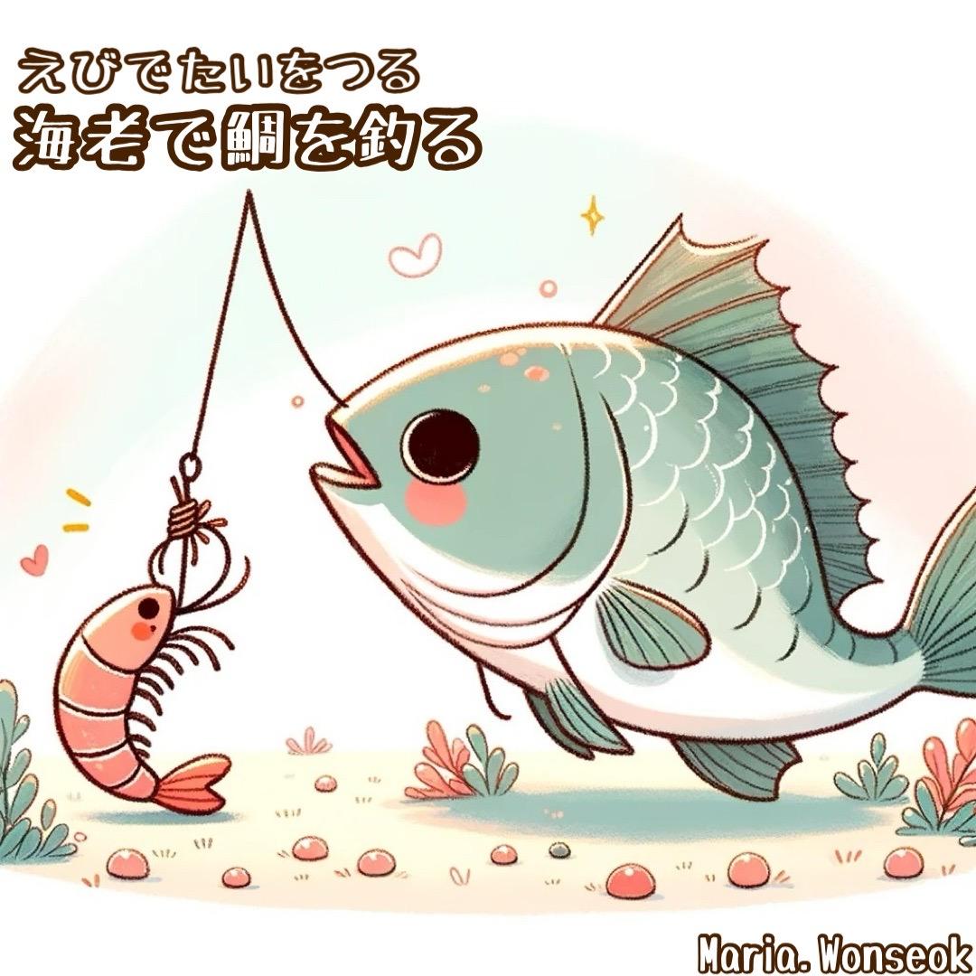 海老で鯛を釣る (새우로 도미를 낚다) | To catch a sea bream with a shrimp.